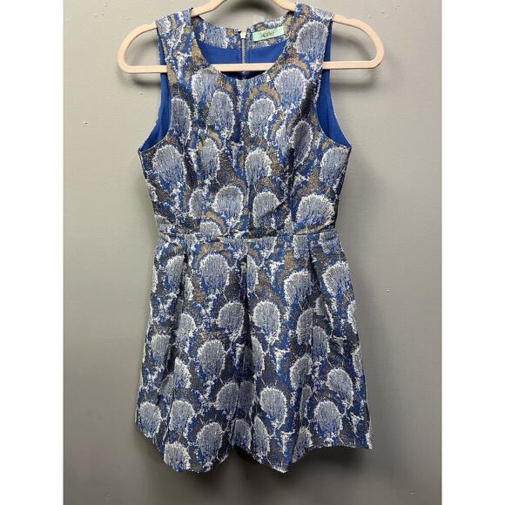 Karlie Dress Womens Small Blue Metallic Fit Flare Lined Sleeveless Exposed zip